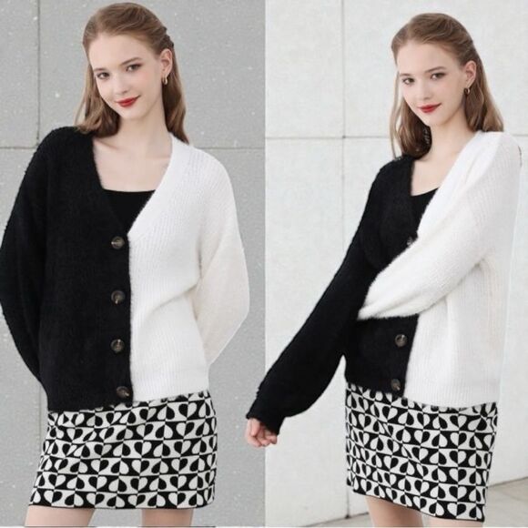 Black & White Contrast Button-Front V-Neck Cardigan NEW - Woven Right - Picture 7 of 13